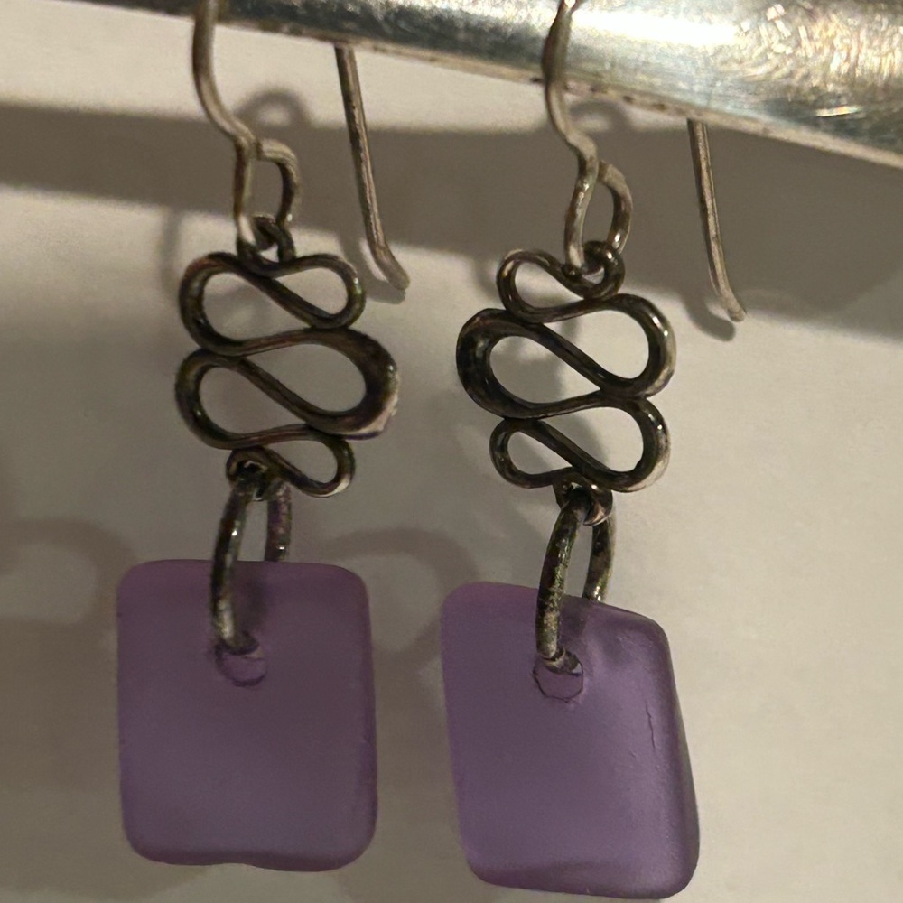 Modern Silver Spiral Earrings with Purple Square Pendants